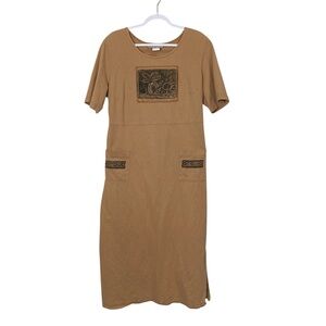 Vintage Piccalino Petites Cotton Boho Earthy Dress 18W Tan Midi Shoulder Pads